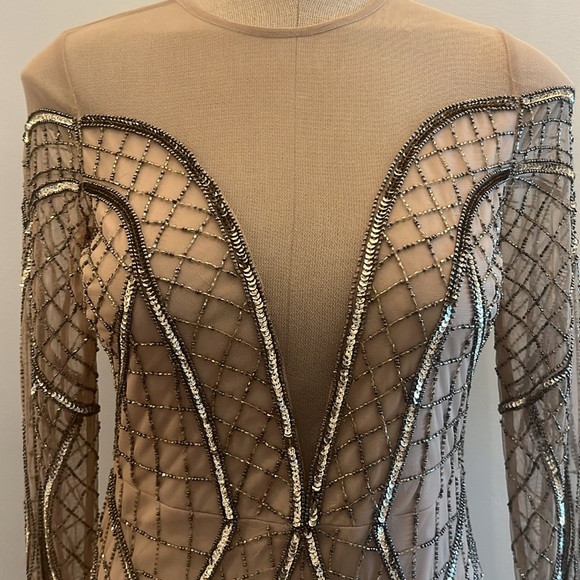 Aidan Mattox beaded illusion deep V-Neckline long sleeve midi dressy dress - Picture 6 of 11